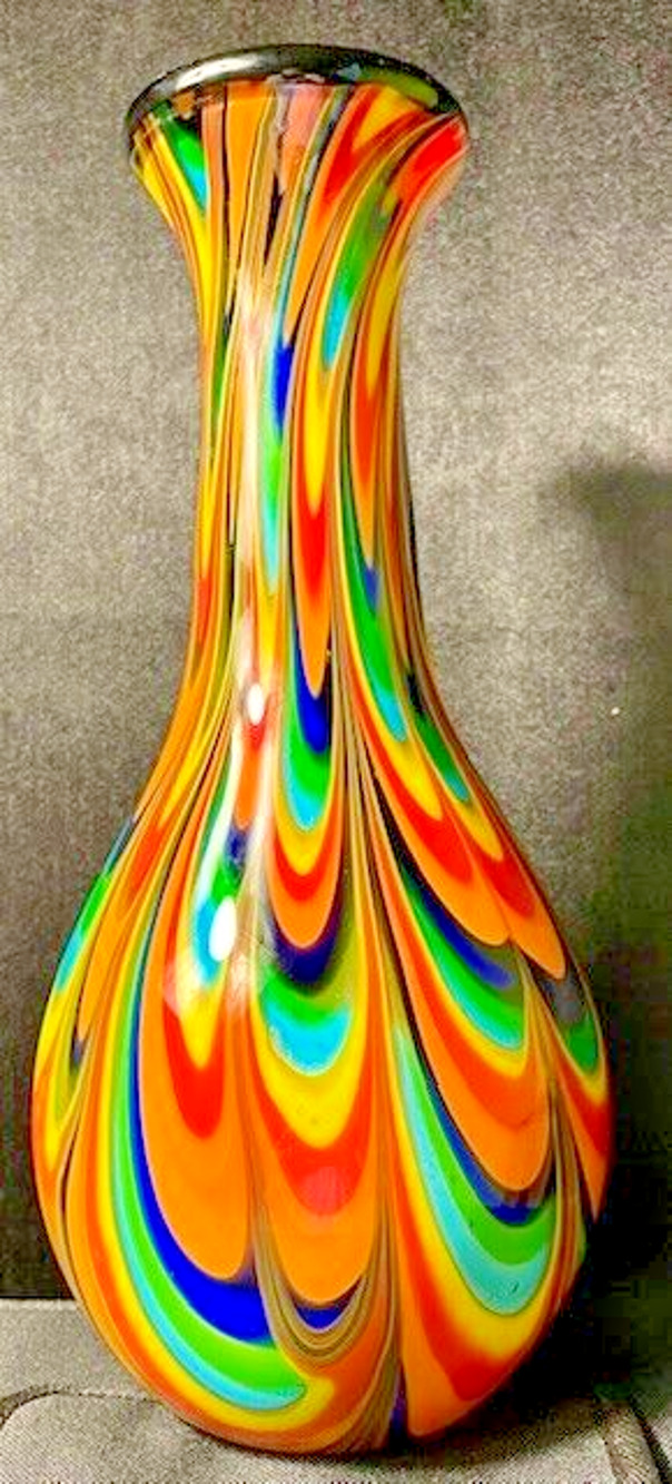 Art Glass Vase Modern Studio Swags & Red Interior 12" x 5" - 7 lbs